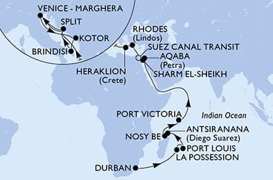 31 nights Transatlantic cruise on MSC Armonia
from 🇿🇦 Durban to 🇮🇹 Venice