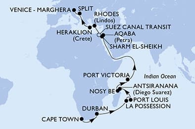 29 nights Transatlantic cruise on MSC Armonia
from ๐ฟ๐ฆ Cape Town to ๐ฎ๐น Venice