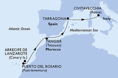 7 nights Mediterranean cruise on MSC Fantasia
from 🇪🇸 Lanzarote to 🇮🇹 Civitavecchia