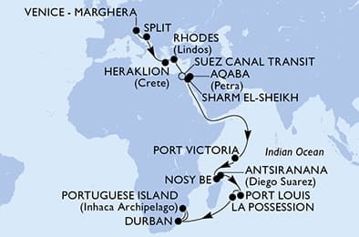 29 nights Transatlantic cruise on MSC Armonia
from ๐ฎ๐น Venice to ๐ฟ๐ฆ Durban
