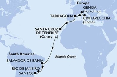 17 nights Transatlantic cruise on MSC Divina
from 🇮🇹 Civitavecchia to 🇧🇷 Santos (Sao Paulo)