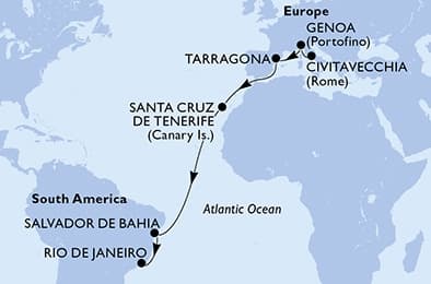 16 nights Transatlantic cruise on MSC Divina
from 🇮🇹 Civitavecchia to 🇧🇷 Rio de Janeiro