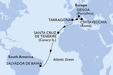 13 nights Transatlantic cruise on MSC Divina
from 🇮🇹 Civitavecchia to 🇧🇷 Salvador