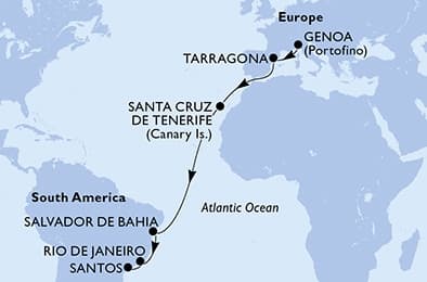 16 nights Transatlantic cruise on MSC Divina
from 🇮🇹 Genova to 🇧🇷 Santos (Sao Paulo)