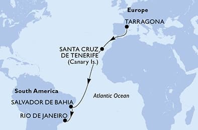 13 nights Transatlantic cruise on MSC Divina
from 🇪🇸 Tarragona to 🇧🇷 Rio de Janeiro