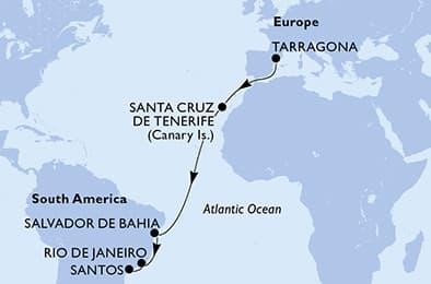 14 nights Transatlantic cruise on MSC Divina
from 🇪🇸 Tarragona to 🇧🇷 Santos (Sao Paulo)