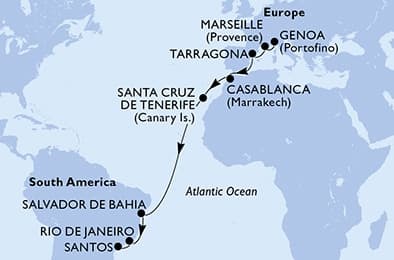 16 nights Transatlantic cruise on MSC Musica
from ๐ฎ๐น Genova to ๐ง๐ท Santos (Sao Paulo)