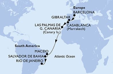 14 nights Transatlantic cruise on MSC Splendida
from 🇪🇸 Barcelona to 🇧🇷 Rio de Janeiro