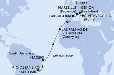 17 nights Transatlantic cruise on MSC Musica
from 🇧🇷 Santos (Sao Paulo) to 🇮🇹 Civitavecchia