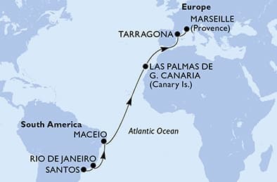 15 nights Transatlantic cruise on MSC Musica
from 🇧🇷 Santos (Sao Paulo) to 🇫🇷 Marseille
