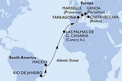 16 nights Transatlantic cruise on MSC Musica
from 🇧🇷 Rio de Janeiro to 🇮🇹 Civitavecchia