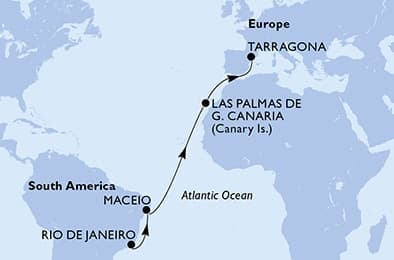 13 nights Transatlantic cruise on MSC Musica
from 🇧🇷 Rio de Janeiro to 🇪🇸 Tarragona