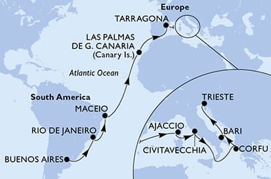 22 nights Transatlantic cruise on MSC Splendida
from ๐ฆ๐ท Buenos Aires to ๐ฎ๐น Trieste