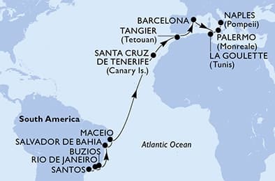 21 nights Transatlantic cruise on MSC Virtuosa
from ๐ง๐ท Santos (Sao Paulo) to ๐ฎ๐น Naples