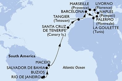 22 nights Transatlantic cruise on MSC Virtuosa
from 🇧🇷 Rio de Janeiro to 🇫🇷 Marseille