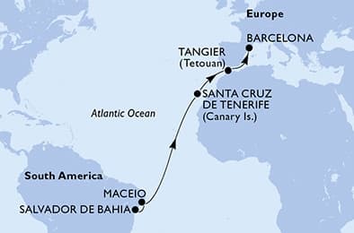 13 nights Transatlantic cruise on MSC Virtuosa
from 🇧🇷 Salvador to 🇪🇸 Barcelona