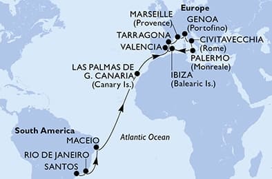 21 nights Transatlantic cruise on MSC Musica
from ๐ง๐ท Santos (Sao Paulo) to ๐ช๐ธ Valencia