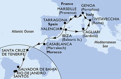 21 nights Transatlantic cruise on MSC Musica
from 🇪🇸 Valencia to 🇧🇷 Santos (Sao Paulo)
