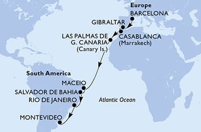 17 nights Transatlantic cruise on MSC Splendida
from 🇪🇸 Barcelona to 🇺🇾 Montevideo