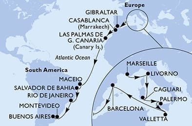 24 nights Transatlantic cruise on MSC Splendida
from ๐ซ๐ท Marseille to ๐ฆ๐ท Buenos Aires
