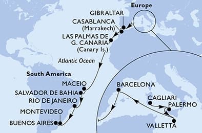 22 nights Transatlantic cruise on MSC Splendida
from 🇮🇹 Cagliari to 🇦🇷 Buenos Aires