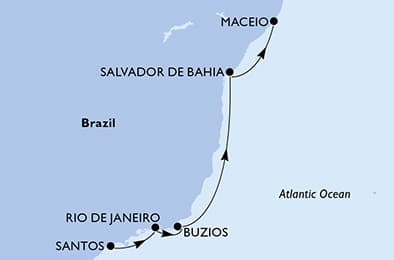 6 nights Extraordinary cruise on MSC Virtuosa
from ๐ง๐ท Santos (Sao Paulo) to ๐ง๐ท Maceio