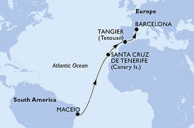 11 nights Transatlantic cruise on MSC Virtuosa
from 🇧🇷 Maceio to 🇪🇸 Barcelona