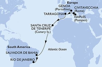 17 nights Transatlantic cruise on MSC Divina
from 🇮🇹 Naples to 🇧🇷 Rio de Janeiro