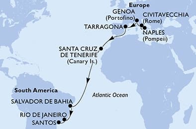 18 nights Transatlantic cruise on MSC Divina
from 🇮🇹 Naples to 🇧🇷 Santos (Sao Paulo)