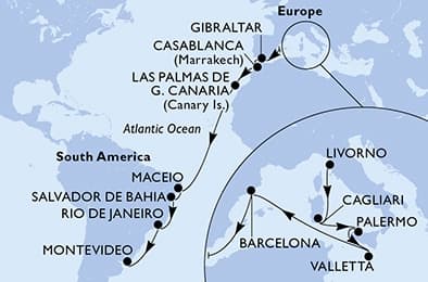 22 nights Transatlantic cruise on MSC Splendida
from ๐ฎ๐น Livorno to ๐บ๐พ Montevideo