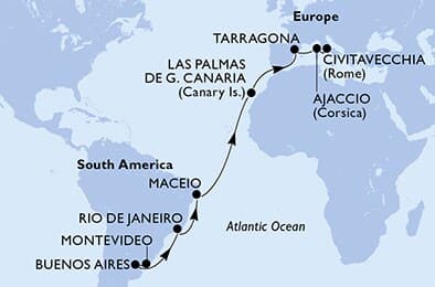 19 nights Transatlantic cruise on MSC Splendida
from ๐บ๐พ Montevideo to ๐ฎ๐น Civitavecchia