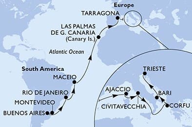 23 nights Transatlantic cruise on MSC Splendida
from 🇺🇾 Montevideo to 🇮🇹 Trieste