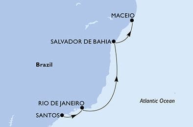 4 nights Extraordinary cruise on MSC Divina
from 🇧🇷 Santos (Sao Paulo) to 🇧🇷 Maceio