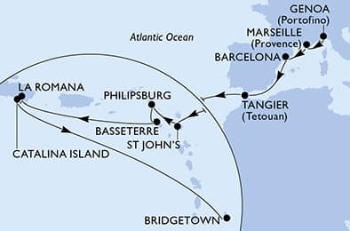 19 nights Transatlantic cruise on MSC Opera
from ๐ฎ๐น Genova to ๐ง๐ง Bridgetown