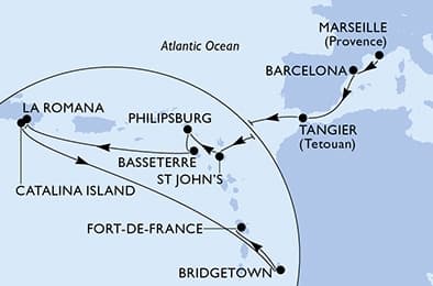 19 nights Transatlantic cruise on MSC Opera
from 🇫🇷 Marseille to 🇲🇶 Fort-de-France