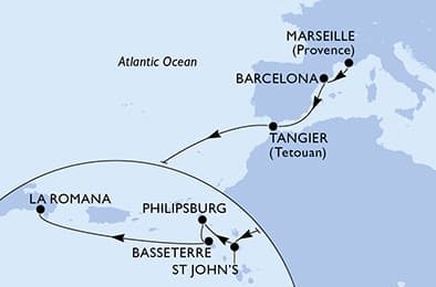 15 nights Transatlantic cruise on MSC Opera
from 🇫🇷 Marseille to 🇩🇴 La Romana