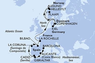 18 nights North European cruise on MSC Euribia
from ๐ช๐ธ Barcelona to ๐ฉ๐ฐ Copenhagen