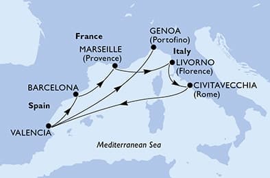 8 nights Mediterranean cruise on MSC Sinfonia
from 🇪🇸 Valencia to 🇮🇹 Genova