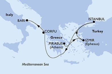 5 nights Mediterranean cruise on MSC Orchestra
from 🇬🇷 Piraeus to 🇮🇹 Bari