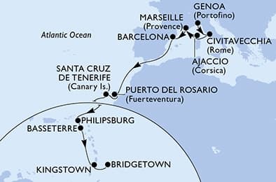 18 nights Transatlantic cruise on MSC Seaview
from 🇮🇹 Genova to 🇧🇧 Bridgetown