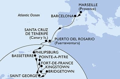 19 nights Transatlantic cruise on MSC Seaview
from ๐ซ๐ท Marseille to ๐ฌ๐ต Pointe a Pitre