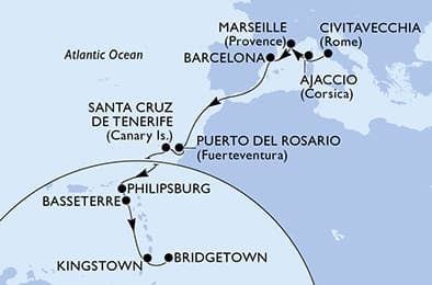17 nights Transatlantic cruise on MSC Seaview
from ๐ฎ๐น Civitavecchia to ๐ง๐ง Bridgetown