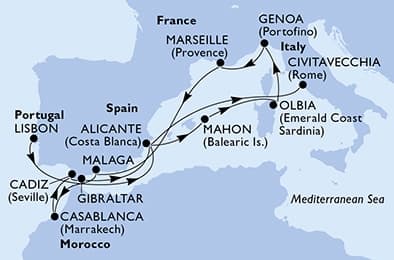 14 nights Mediterranean cruise on MSC Sinfonia
from 🇵🇹 Lisbon to 🇮🇹 Civitavecchia
