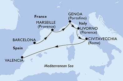 6 nights Mediterranean cruise on MSC Sinfonia
from ๐ช๐ธ Barcelona to ๐ช๐ธ Valencia