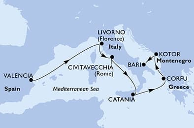7 nights Mediterranean cruise on MSC Orchestra
from ๐ช๐ธ Valencia to ๐ฎ๐น Bari