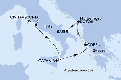 4 nights Mediterranean cruise on MSC Orchestra
from 🇮🇹 Civitavecchia to 🇮🇹 Bari
