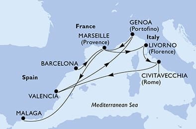 10 nights Mediterranean cruise on MSC Sinfonia
from ๐ช๐ธ Barcelona to ๐ช๐ธ Malaga