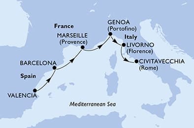 5 nights Mediterranean cruise on MSC Sinfonia
from 🇪🇸 Valencia to 🇮🇹 Civitavecchia