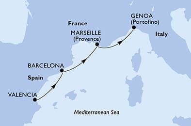 3 nights Mediterranean cruise on MSC Sinfonia
from 🇪🇸 Valencia to 🇮🇹 Genova