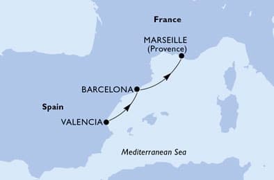 2 nights Mediterranean cruise on MSC Sinfonia
from 🇪🇸 Valencia to 🇫🇷 Marseille